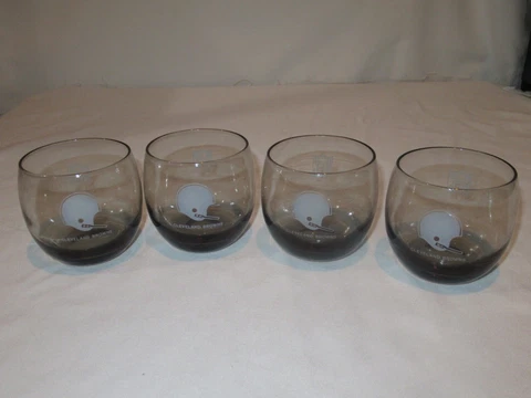1970's NFL Cleveland Browns 3.25" Roly Poly Smokey Glass Tumbler Set Glasses Cover