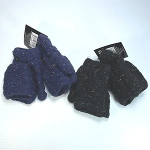 Lot of 2 Knit Mitten Gloves Fingerless Flip Finger Cover Fleece Lined Blue Black - Picture 1 of 9