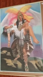 ORIGINAL Pastell Azteken Popo rettet Itza Frau Folklore unsigniert 12 1/2" Bx20" H - Bild 1 von 7