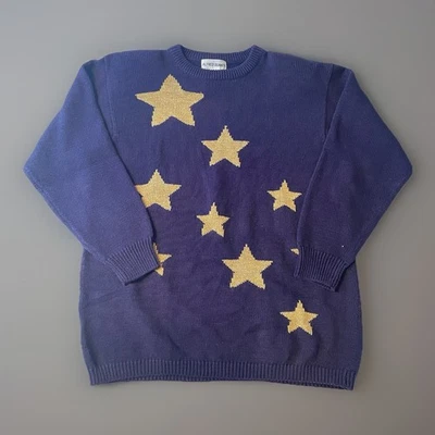 Suéter Alfred Dunner Mujer’s L Azul Marino Dorado Estrella Vintage Ramie Algodón Tejido  Foto 1 de 4