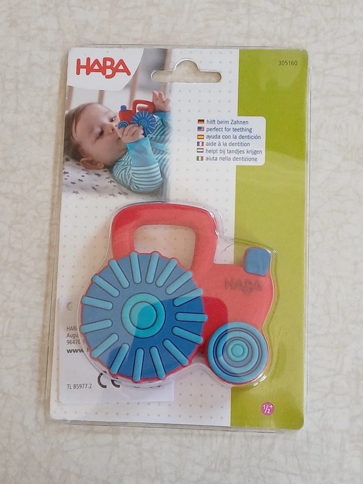 HABA Teething Toy Tractor Red Blue Farm Silicone - Image 1 of 2