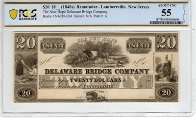 New Jersey - Lambertville - Delaware Bridge Co $20 - PCGS-B About Unc 55 Details - Image 1 of 2
