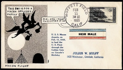 USS MACON ZRS5 Zeppelin Last Flight Cover Feb 11 1935 Hulff Hand Painted Cachet - Image 1 of 2