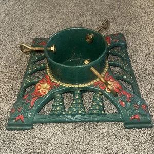 Vintage Innova Green Christmas Tree Stand - Cast Iron -  Gold Bells - Red Bows - Picture 1 of 7