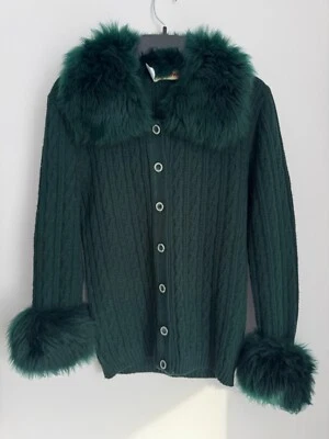Cárdigan suéter tejido con botones vintage años 70 verde para mujer M ribete de piel Foto 1 de 4