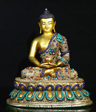 10.8" Old Tibet Bronze Gilt Silver Filigree Gems Shakyamuni Amitabha Buddha