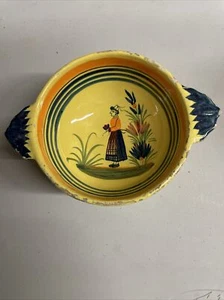 Vintage Henriot Quimper Lug Bowl France Breton Man Soliel Yellow Cereal Soup - Picture 1 of 7