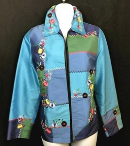August Max 100% Silk Blazer Medium (Size 2) Blues Embroidered Floral Lined EUC - Picture 1 of 11