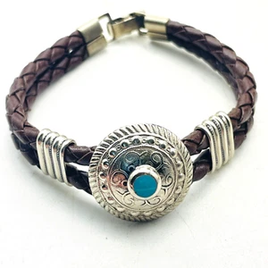 Southwest Style Bracelet Braided Faux Leather Silver Tone Charm Teal Bead - Picture 1 of 6