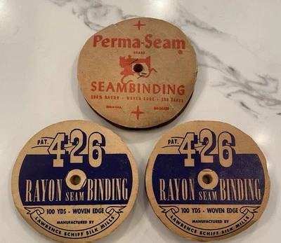 Vintage 1940s 50s Rayon Seam Binding Woven Ribbon Lot 3 Spools Red Green Brown - Image 1 of 4