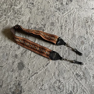 Vintage 70s Hippie 35mm Camera Caddy Strap Red Leather Aztec Design Tapestry 36” - Picture 1 of 6