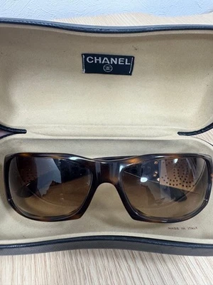 CHANEL Tortoiseshell Gold Perforated CC Logo Wrap Sunglasses Brown Gradient - Image 1 of 4