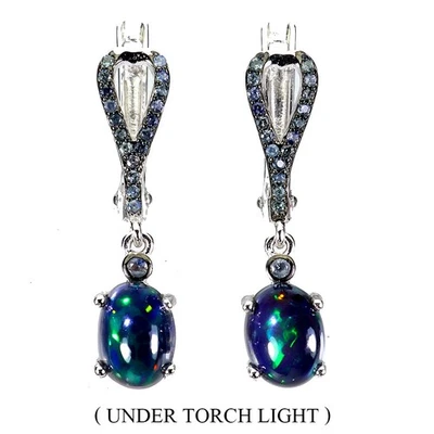 925 Sterling Silver Earrings Oval Black Opal 8x6mm Sapphire Gemstone Jewelry - Image 1 of 4