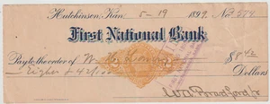 Scott #RN-X7 Used First National Bank Hutchinson Kan. 1899 Check - Picture 1 of 1
