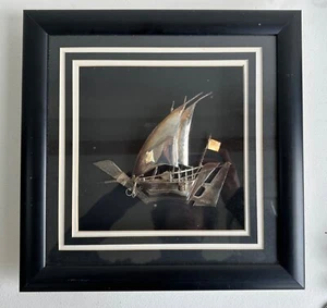 vintage bateau encadré argent massif sterling silver 925 antique boat model art - Picture 1 of 13