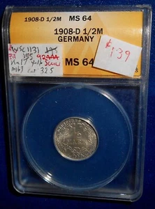 Deutschland 1908-D MS64 Silber Halbmark im ANACS Halter - Bild 1 von 6