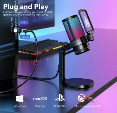 Microfono USB Gioco Gaming a condensatore RGB Compatibile PC MAC PS4 PS5 -Bianco - Immagine 1 di 4