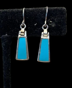 Sterling Silver Inlaid Turquoise Geometric Triangle Dangle Earrings Dainty Vtg - Picture 1 of 9