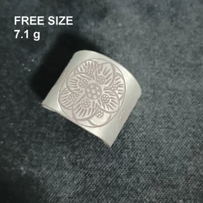 FINE SOLID SILVER RING FIXED SIZE VINTAGE 7g LOTUS CARVED BAND #RR073 - Image 1 of 4