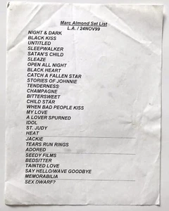 Marc Almond El Rey Theater Setlist Nov 24 1999. Soft Cell. Los Angeles Ca. - Picture 1 of 1