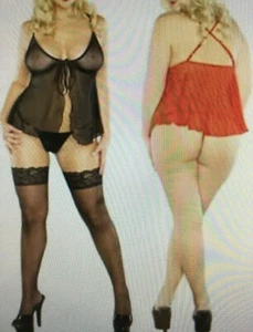 Rhinestone Sheer Babydoll & Thong Set Red or Black Plus Size 22, 24, 26 1X - 3X - Picture 1 of 4