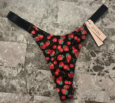 NWT VICTORIA'S SECRET RED CHERRY STRAWBERRY SHINE STRAP THONG BIKINI BOTTOM - Image 1 of 3