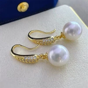 2 Ct Round Pearl and Real Moissanite Hook Drop Earrings 14K Yellow Gold Plated - Picture 1 of 6