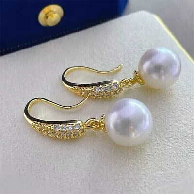 2 Ct Round Pearl and Real Moissanite Hook Drop Earrings 14K Yellow Gold Plated - Image 1 of 4