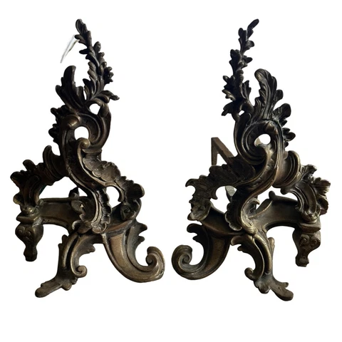 Pair Andiron Styled French Rococo Fancy Brass Early 20th Century Antique Large Cover