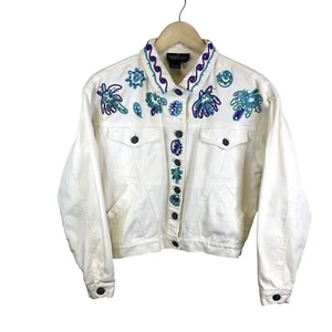 Vintage Años 90 Carole Little Mujer’s Blanco Denim Recortado Bordado Chaqueta Talla 10 - Imagen 1 de 4