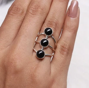 Handgefertigter schwarzer Onyx Multi Stein massiv 925 Sterlingsilber Ring Statement Ring - Bild 1 von 8