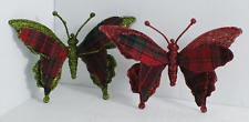 2 Butterfly Glitter Plaid Cloth Clip On Christmas Ornaments Red & Green