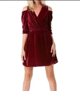 HALE BOB Silk Velvet Cold Shoulder Blouson Dress Tie Shoulder L Cranberry NWT - Picture 1 of 20