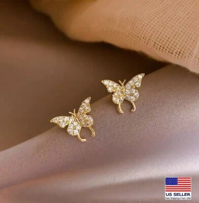 Women Elegant 925 Sterling Silver Jewelry Earrings Crystal Butterfly Stud 1267 - Image 1 of 4