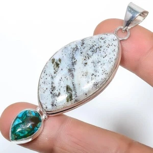 Dendritic Opal Stone Azurite Malachite Boho Pendant Jewelry 925 Sterling Silver - Picture 1 of 7