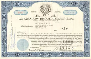 Certificado de acciones de Meadow Brook National Bank de Nueva York - Imagen 1 de 1
