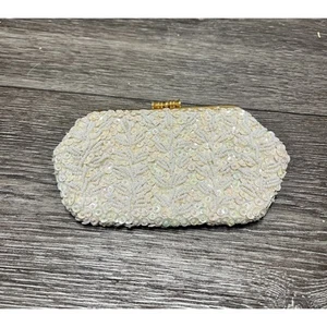 Vintage 1960s White Formal Beaded Sequin Change Purse Coin Bag - Picture 1 of 6