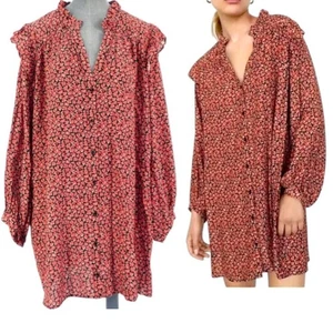 Zara Shirt Dress Tunic Swing Mini Floral Ruffle Black Red V Neck size XL - Picture 1 of 19