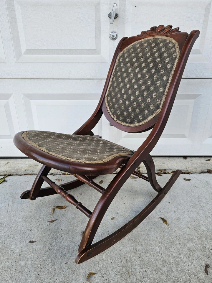Antique Victorian Mahogany Folding Rocking Chair Original Floral Tapestry! Rare! - Image 1 of 4