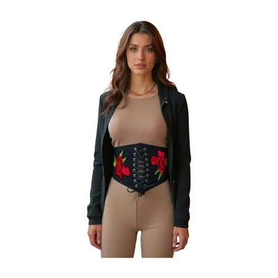 Mujeres Negro Denim Cintura Alta Corsé Elástico Moda Cinturón Rojo Rosa Flor Ajuste S M Foto 1 de 4