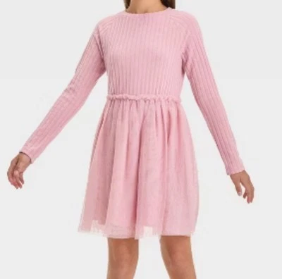 🥥 Cat & Jack Girls Long Sleeve Rib Tulle Dress Dusty Pink Size L(10/12) 🆕 - Image 1 of 4