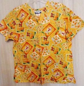 YELLOW / ORANGE Comfy Cotton  Uniform Scrub Top Shirt Womens Large Halloween - Picture 1 of 8