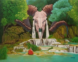 Giclee fine art print of painting Ram skull waterfall, fantasy 8"×10", 16"×20" - Picture 1 of 4