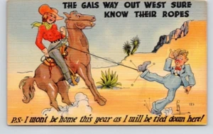 POSTCARD COMIC GIRL ON HORSE ROPING - Picture 1 of 2