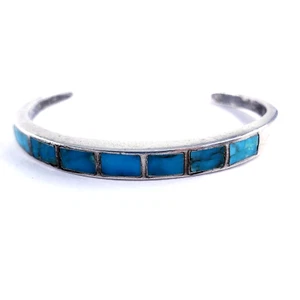 Native American Sterling Silver 5.5" Kids Turquoise Inlay Cuff Bracelet Zuni VTG - Picture 1 of 7