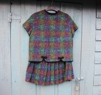 Vintage 1960s Richard Shops 2 Piece Suit Co Ord Set Wool Plaid Bow Purple Orange - Image 1 of 4