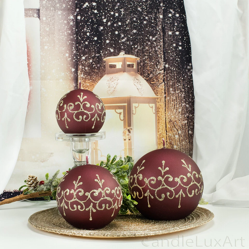 Kugelkerzen Matt Metallic Glitzer Bordo Gold Kerzen Weihnachten Advent Deko - Bild 1 von 1