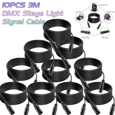 10pc DMX Cables 10ft/3m 3 Pin Signal Wire XLR Connection Stage Par Light Cable - Image 1 of 4