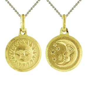 Sterling Silver Yellow Gold Plated Necklace, Double Sided Sun Moon Pendant Charm - Picture 1 of 10