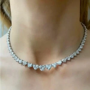 56ct Lab Created Diamond 14K Gold Plated Graduated Heart 3 Prong Tennis Necklace - Picture 1 of 6